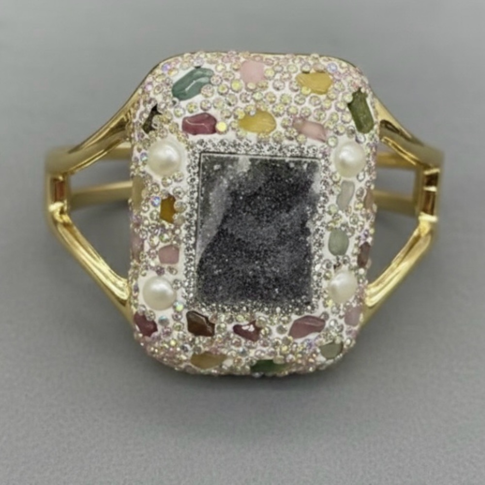 Bracelet Natural Agate Crystal Rhinestone Inlaid Gold-tone Statement L NEW